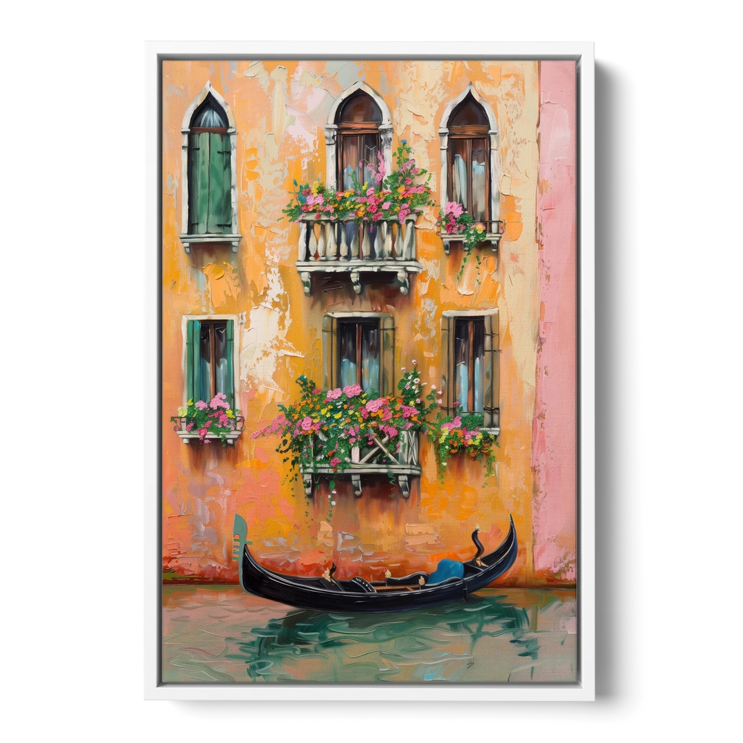 Gondola Painting Under Flowered Windows - White Framed Canvas Wall Art - Front