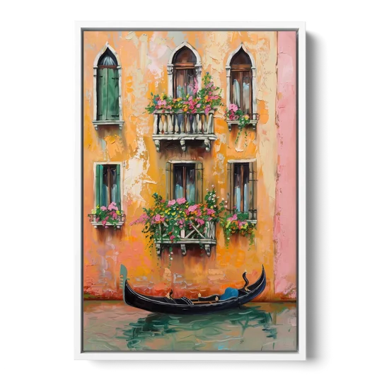 Gondola Painting Under Flowered Windows - White Framed Canvas Wall Art - Front