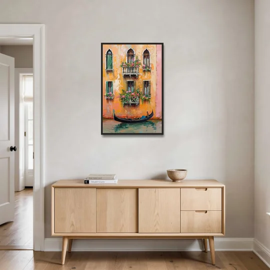 Gondola Painting Under Flowered Windows - Black Framed Canvas Wall Art - Coffee Table - 24x36