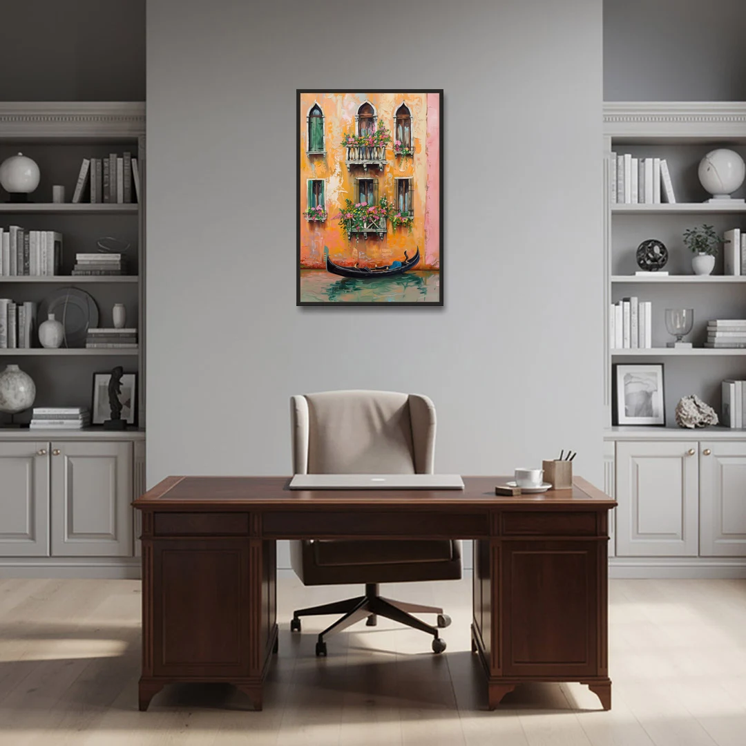 Gondola Painting Under Flowered Windows - Black Framed Canvas Wall Art - Office - 24x36