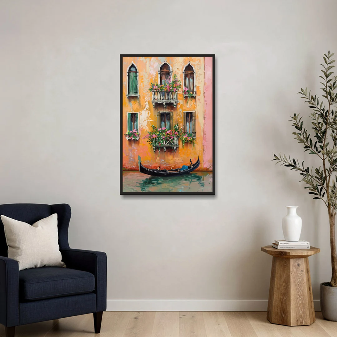 Gondola Painting Under Flowered Windows - Black Framed Canvas Wall Art - Sofa - 24x36