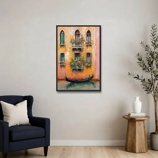 Gondola Painting Under Flowered Windows - Black Framed Canvas Wall Art - Sofa - 24x36
