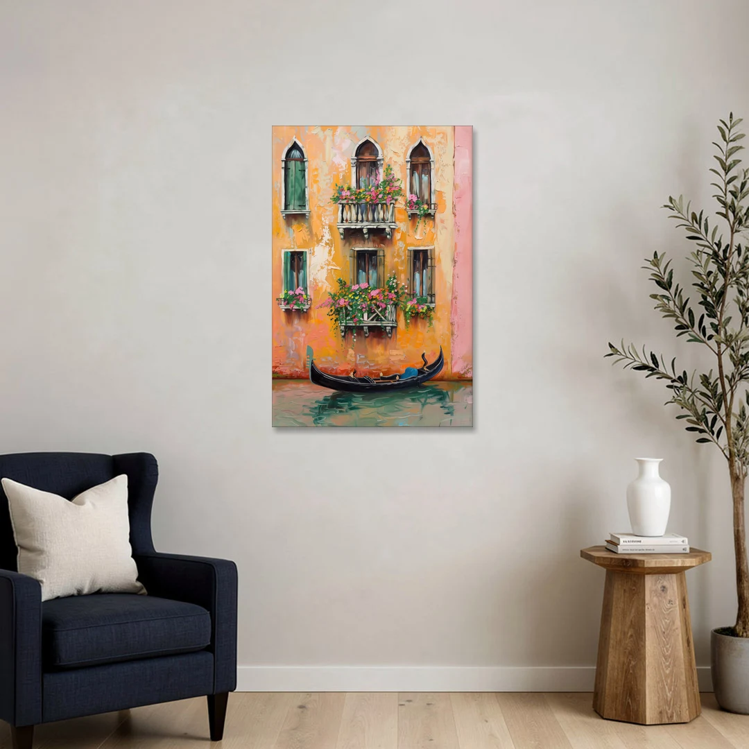 Gondola Painting Under Flowered Windows - Canvas Wall Art - Sofa - 24x36