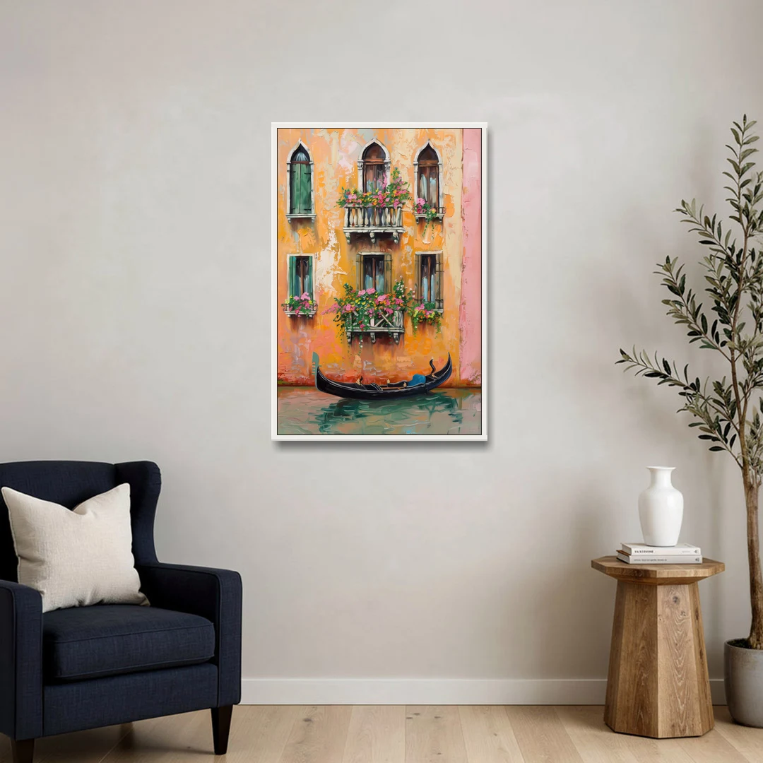 Gondola Painting Under Flowered Windows - White Framed Canvas Wall Art - Sofa - 24x36