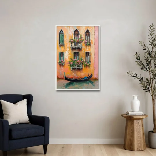 Gondola Painting Under Flowered Windows - White Framed Canvas Wall Art - Sofa - 24x36