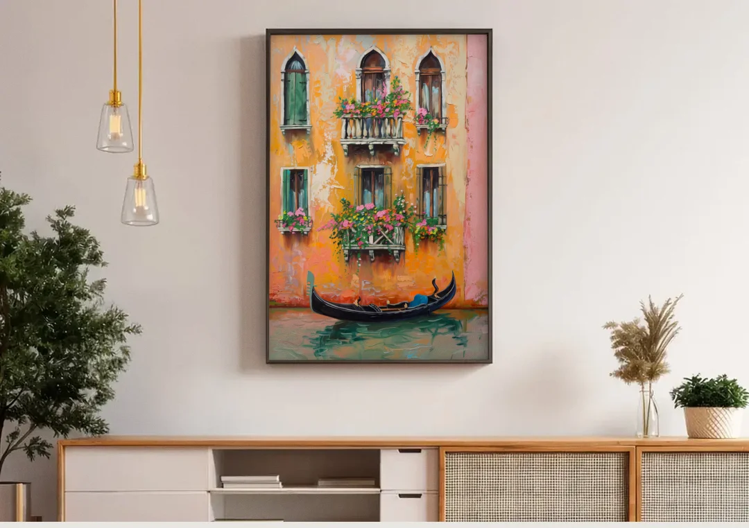 Gondola Painting Under Flowered Windows canvas wall art above a wooden sideboard under pendant lights