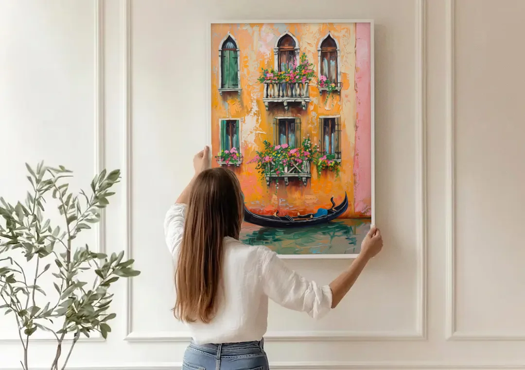 Gondola Painting Under Flowered Windows canvas wall art being hung on a paneled wall