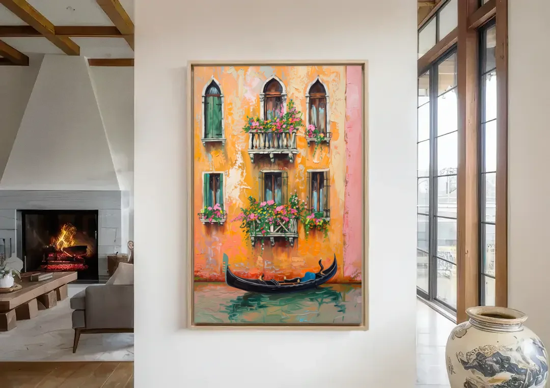Gondola Painting Under Flowered Windows canvas wall art in a living room with a fireplace