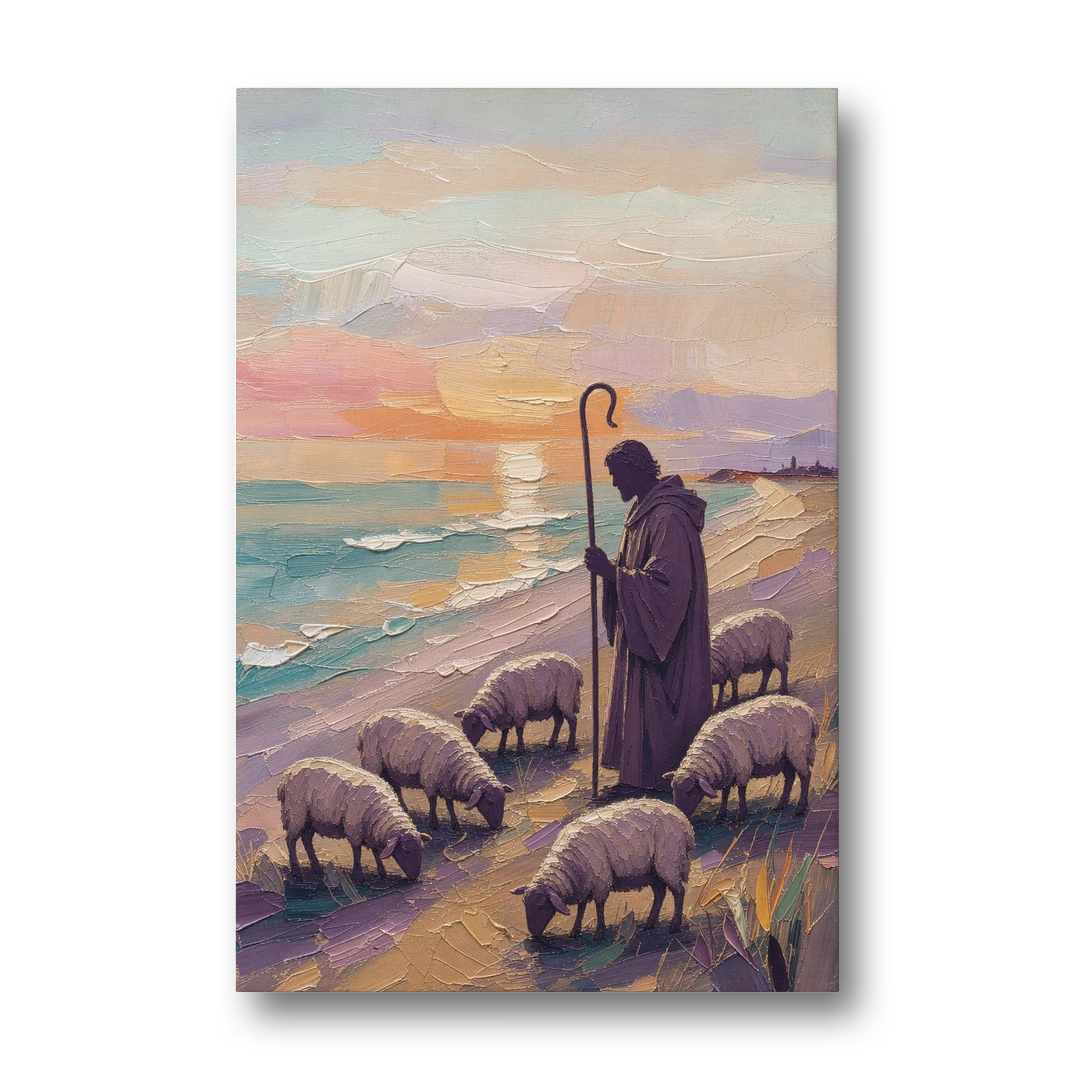 Good Shepherd Painting at Sunset by the Sea - Canvas Wall Art - Front