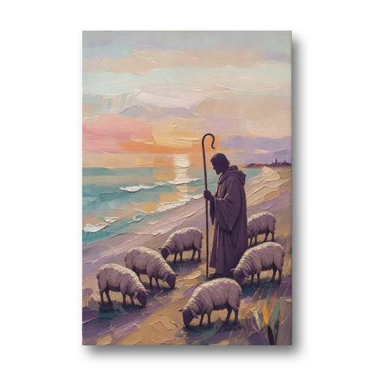 Good Shepherd Painting at Sunset by the Sea - Canvas Wall Art - Front
