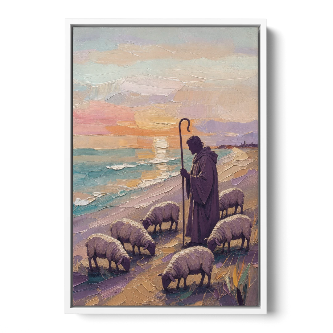 Good Shepherd Painting at Sunset by the Sea - White Framed Canvas Wall Art - Front