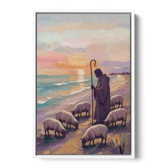 Good Shepherd Painting at Sunset by the Sea - White Framed Canvas Wall Art - Front
