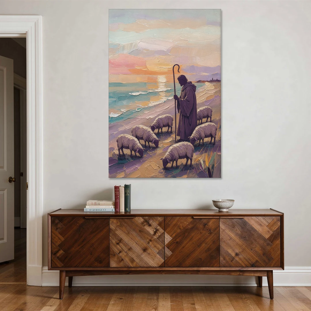 Good Shepherd Painting at Sunset by the Sea - Canvas Wall Art - Coffee Table - 40x60