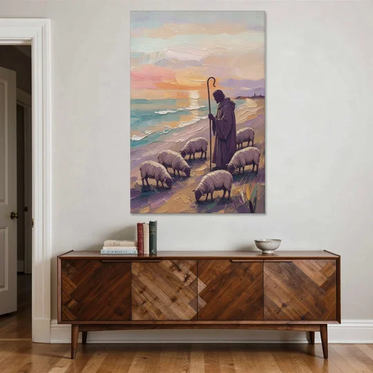 Good Shepherd Painting at Sunset by the Sea - Canvas Wall Art - Coffee Table - 40x60