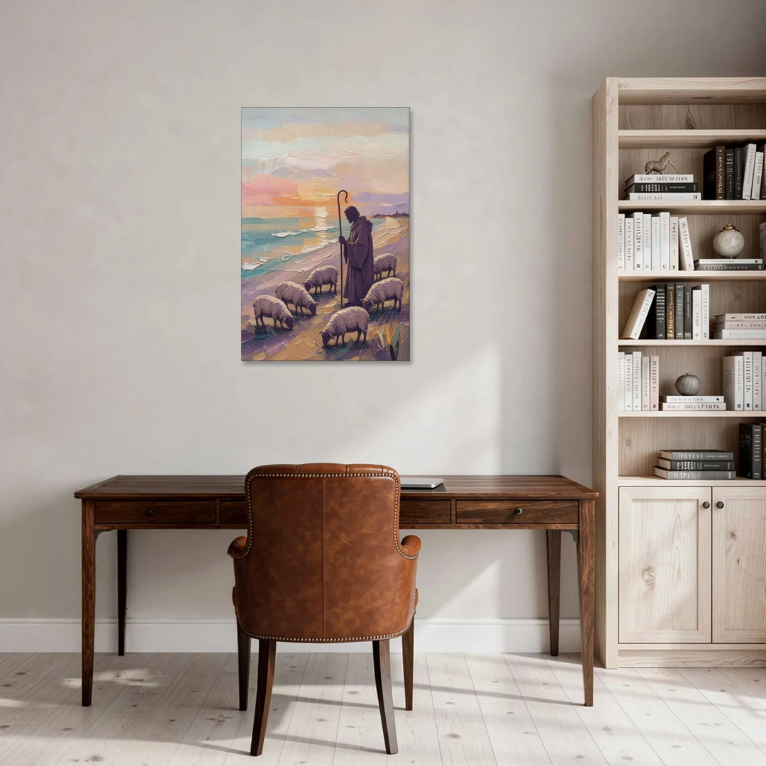 Good Shepherd Painting at Sunset by the Sea - Canvas Wall Art - Office - 24x36