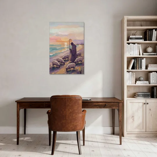 Good Shepherd Painting at Sunset by the Sea - Canvas Wall Art - Office - 24x36