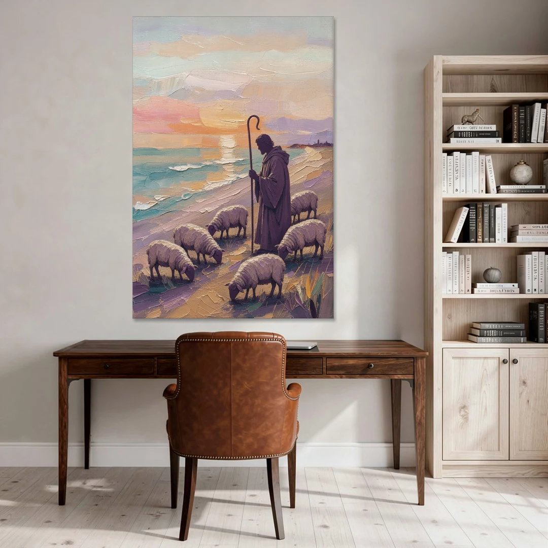 Good Shepherd Painting at Sunset by the Sea - Canvas Wall Art - Office - 40x60