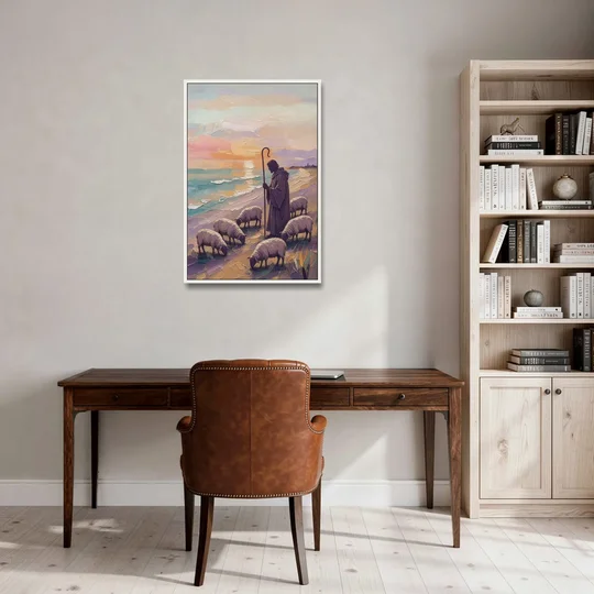 Good Shepherd Painting at Sunset by the Sea - White Framed Canvas Wall Art - Office - 24x36