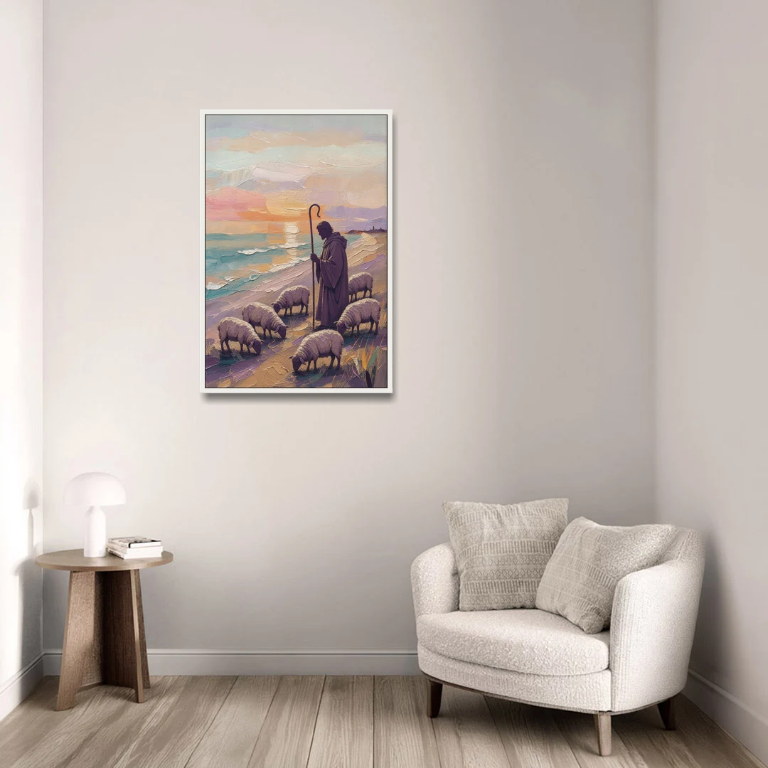 Good Shepherd Painting at Sunset by the Sea - White Framed Canvas Wall Art - Sofa - 24x36