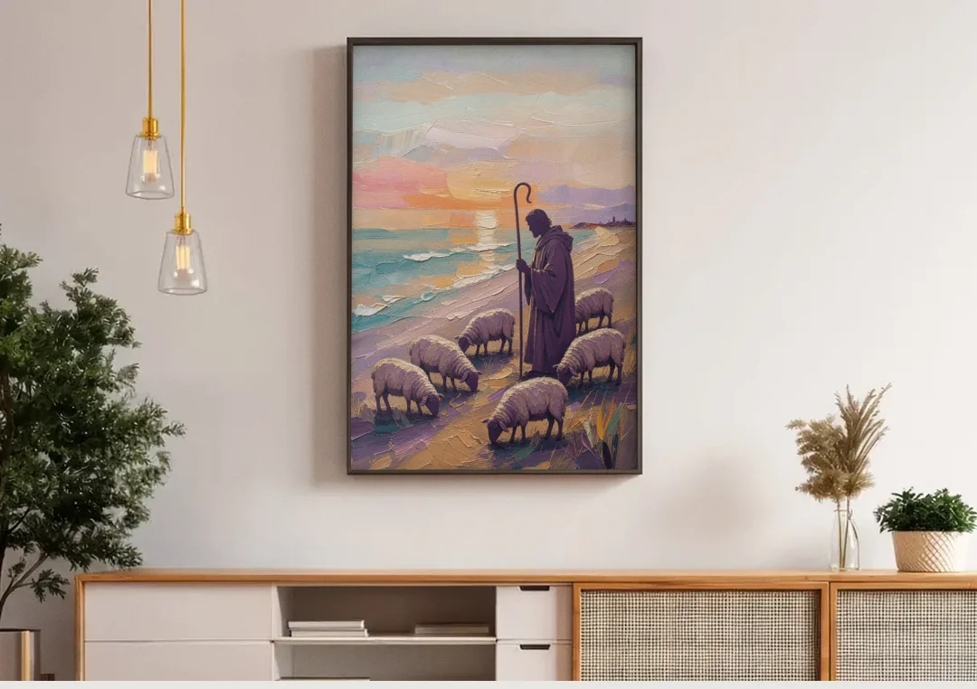Good Shepherd Painting at Sunset by the Sea canvas wall art above a wooden sideboard under pendant lights