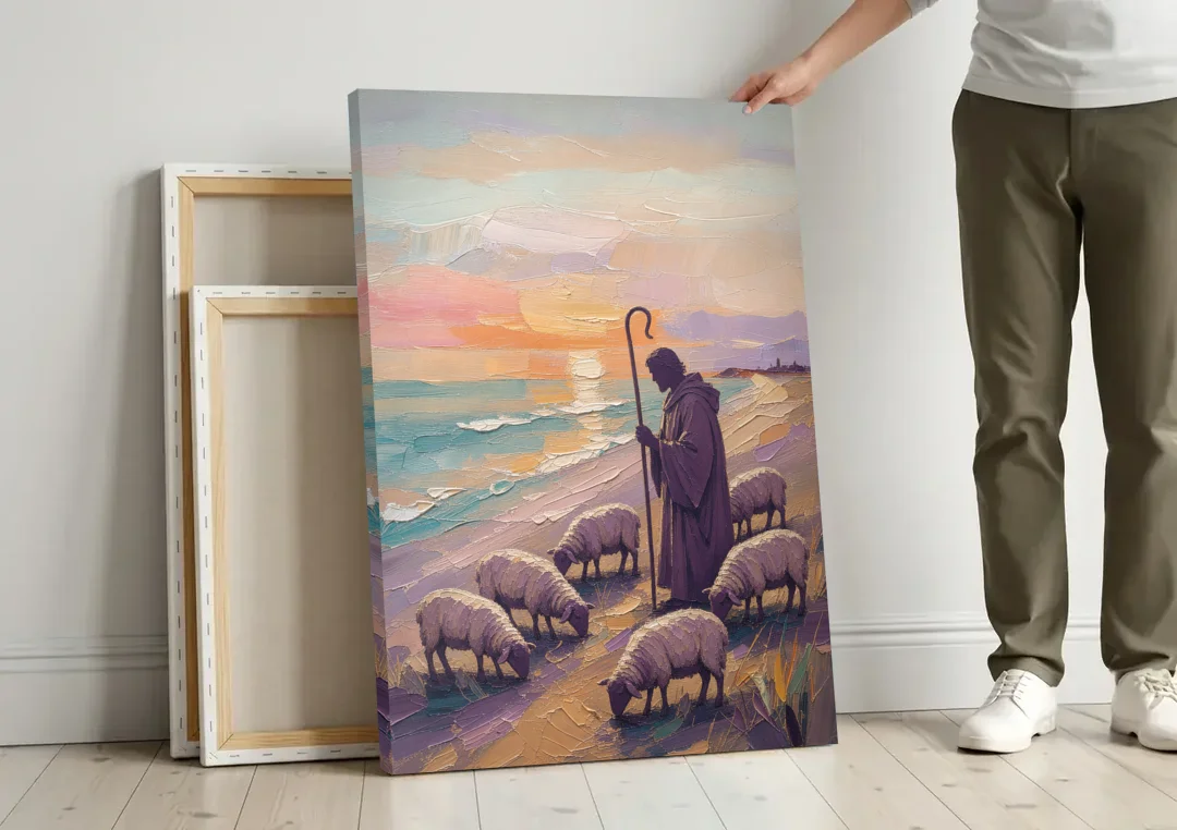 Good Shepherd Painting at Sunset by the Sea canvas wall art leaning against a wall next to blank canvases