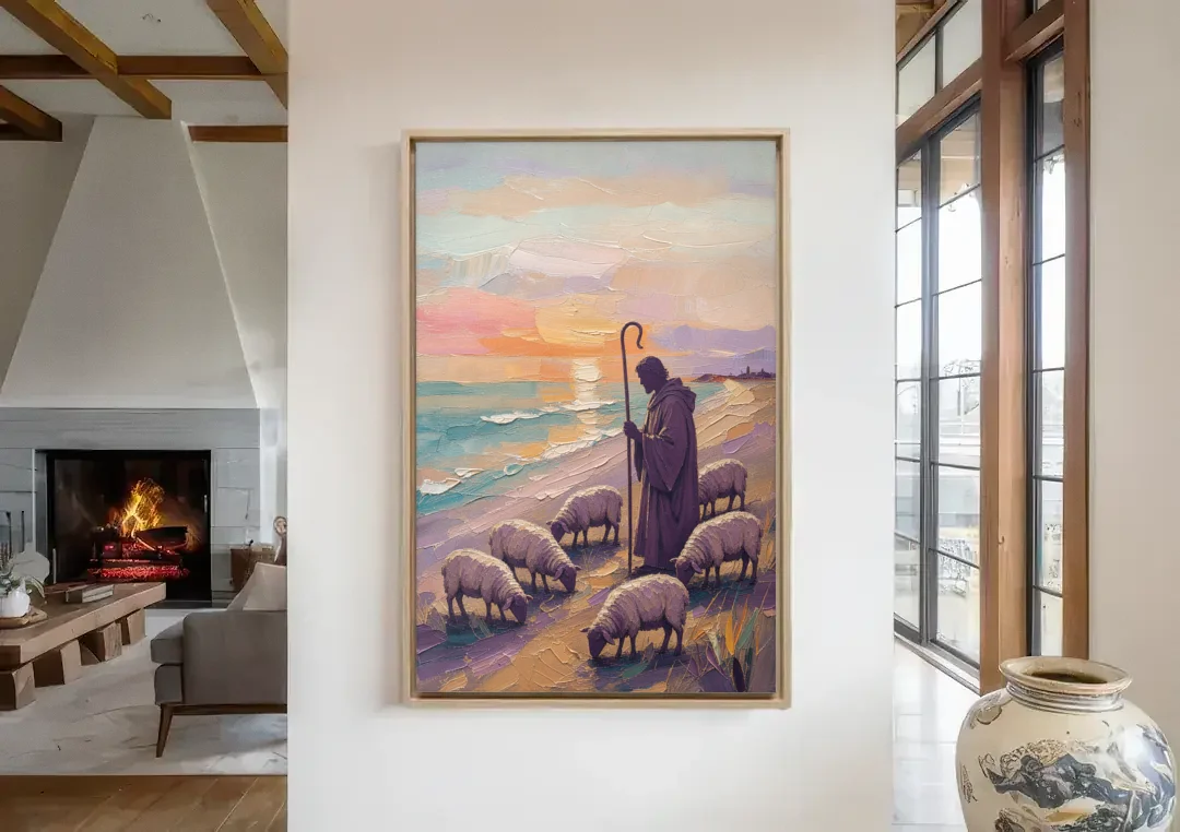 Good Shepherd Painting at Sunset by the Sea canvas wall art in a living room with a fireplace