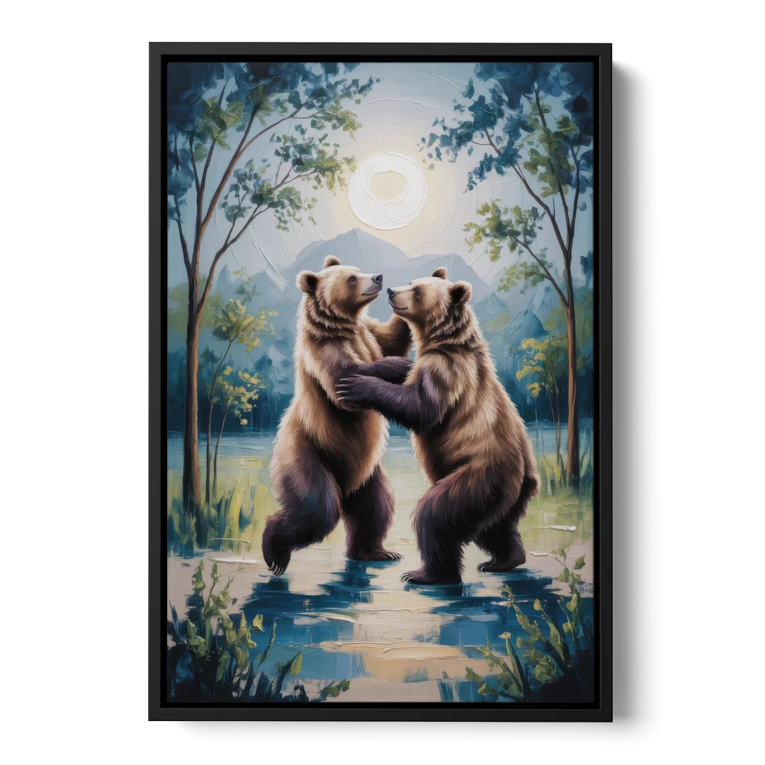 Graceful Bear Dance in Moonlight - Black Framed Canvas Wall Art - Front