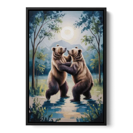 Graceful Bear Dance in Moonlight - Black Framed Canvas Wall Art - Front