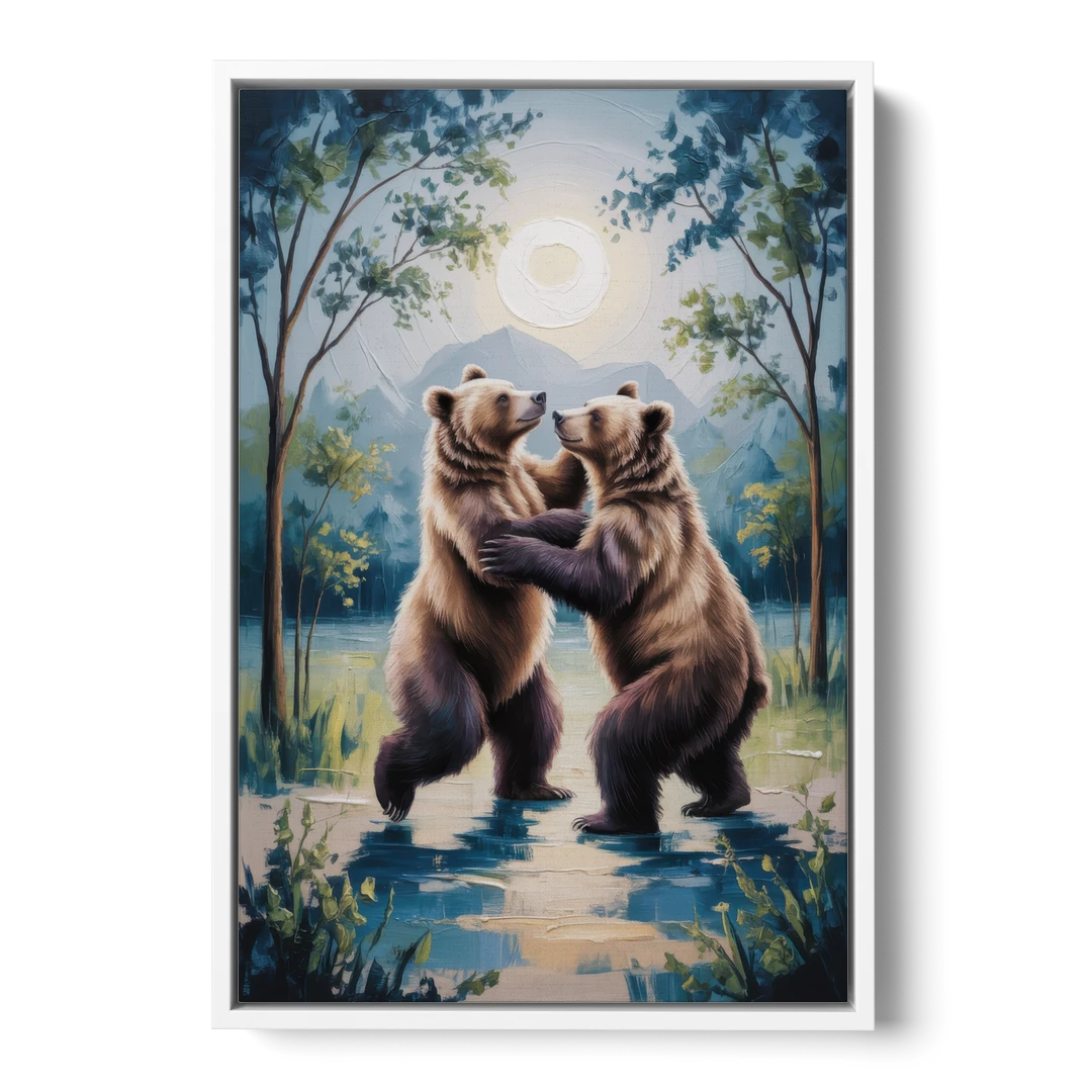 Graceful Bear Dance in Moonlight - White Framed Canvas Wall Art - Front