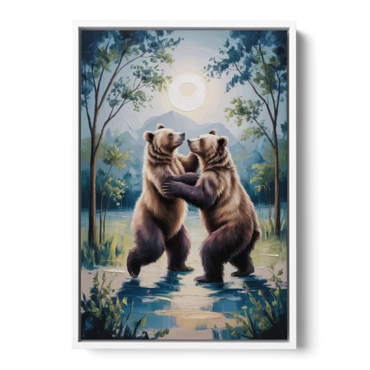 Graceful Bear Dance in Moonlight - White Framed Canvas Wall Art - Front