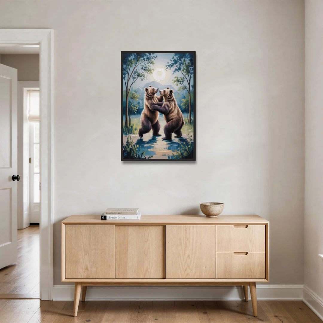 Graceful Bear Dance in Moonlight - Black Framed Canvas Wall Art - Coffee Table - 24x36