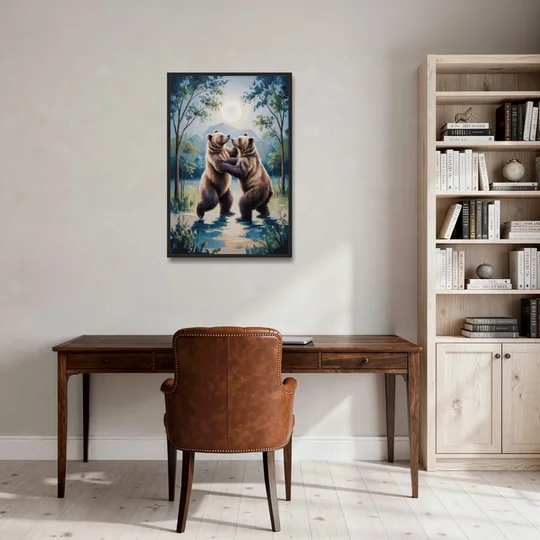 Graceful Bear Dance in Moonlight - Black Framed Canvas Wall Art - Office - 24x36