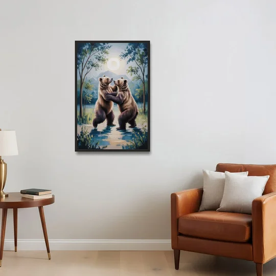 Graceful Bear Dance in Moonlight - Black Framed Canvas Wall Art - Sofa - 24x36
