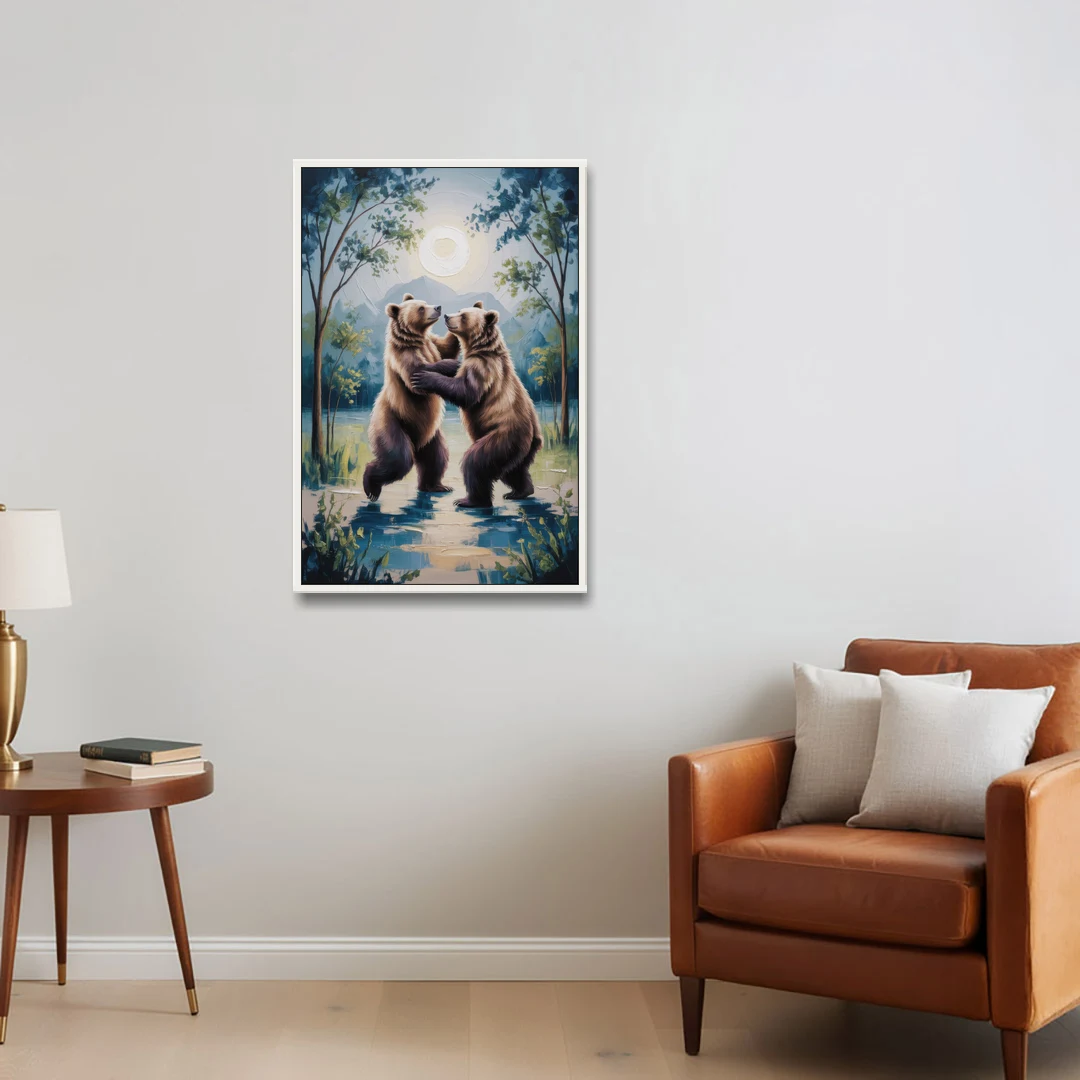 Graceful Bear Dance in Moonlight - White Framed Canvas Wall Art - Sofa - 24x36