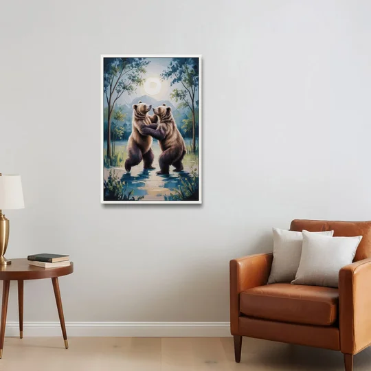 Graceful Bear Dance in Moonlight - White Framed Canvas Wall Art - Sofa - 24x36