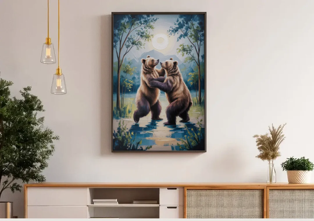 Graceful Bear Dance in Moonlight canvas wall art above a wooden sideboard under pendant lights