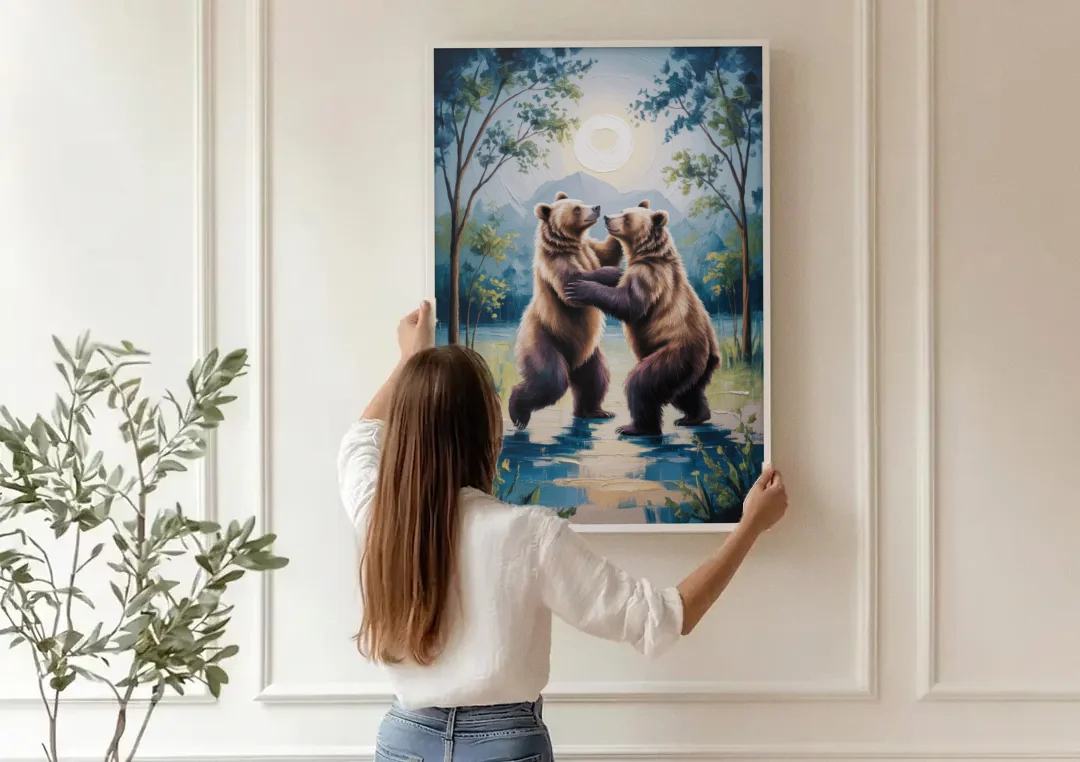 Graceful Bear Dance in Moonlight canvas wall art being hung on a paneled wall