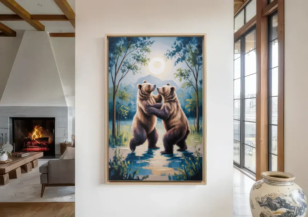 Graceful Bear Dance in Moonlight canvas wall art in a living room with a fireplace