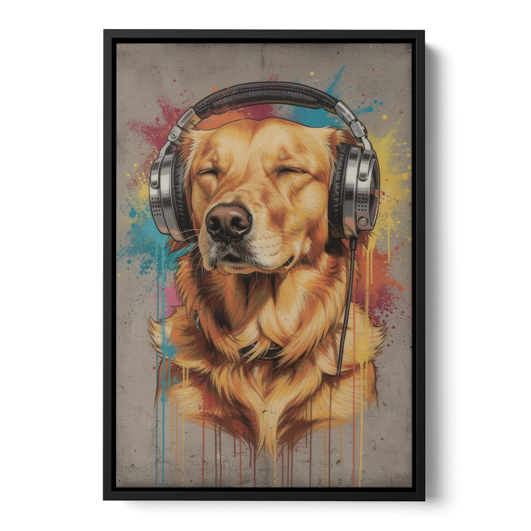 Graffiti Golden Retriever with Headphones - Black Framed Canvas Wall Art - Front