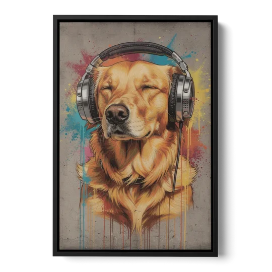 Graffiti Golden Retriever with Headphones - Black Framed Canvas Wall Art - Front