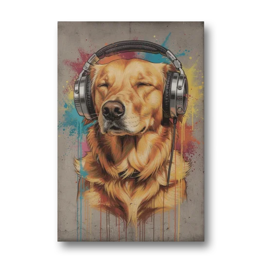 Graffiti Golden Retriever with Headphones - Canvas Wall Art - Front