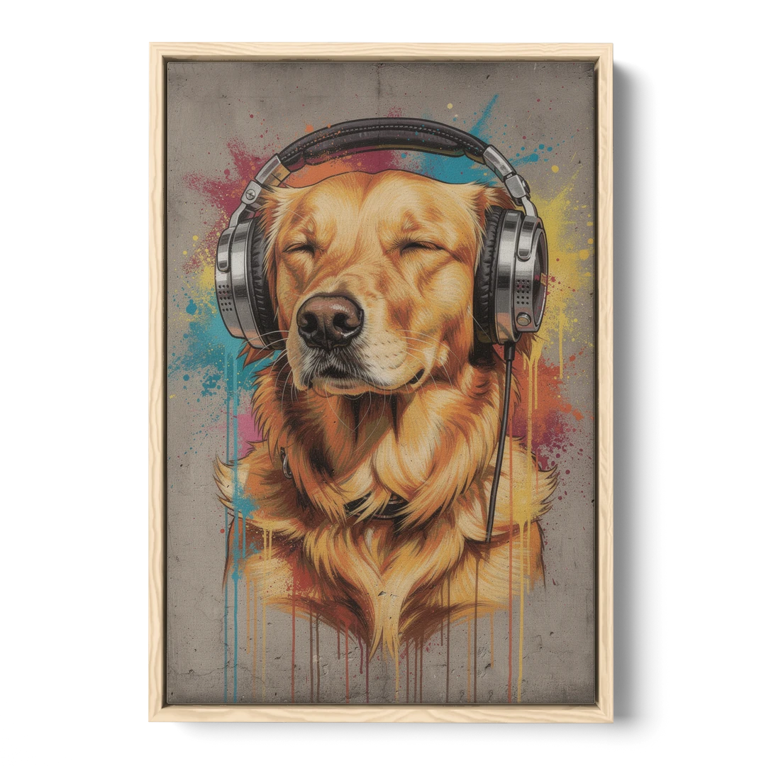 Graffiti Golden Retriever with Headphones - Oak Framed Canvas Wall Art - Front