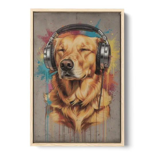 Graffiti Golden Retriever with Headphones - Oak Framed Canvas Wall Art - Front