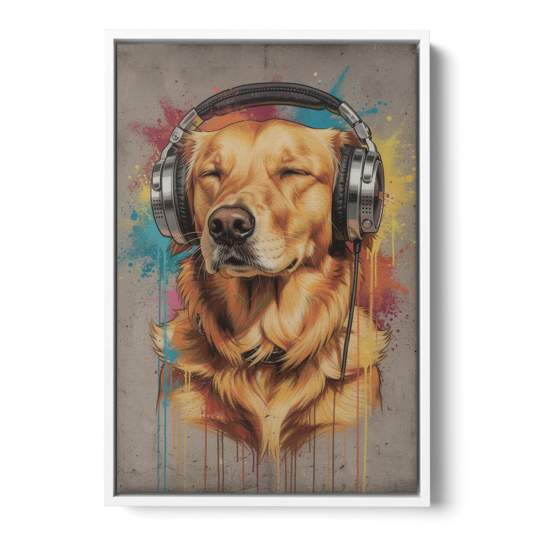 Graffiti Golden Retriever with Headphones - White Framed Canvas Wall Art - Front