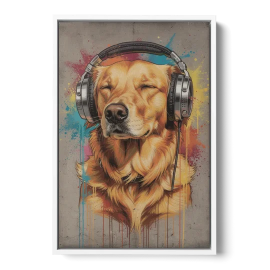 Graffiti Golden Retriever with Headphones - White Framed Canvas Wall Art - Front