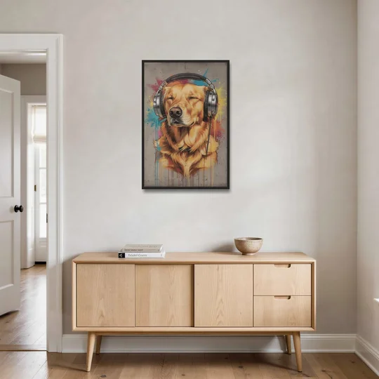 Graffiti Golden Retriever with Headphones - Black Framed Canvas Wall Art - Coffee Table - 24x36