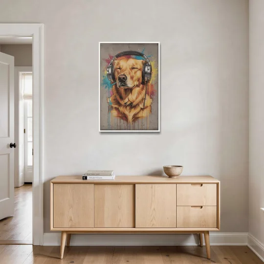Graffiti Golden Retriever with Headphones - White Framed Canvas Wall Art - Coffee Table - 24x36
