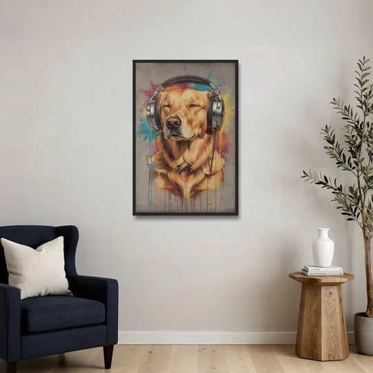 Graffiti Golden Retriever with Headphones - Black Framed Canvas Wall Art - Sofa - 24x36