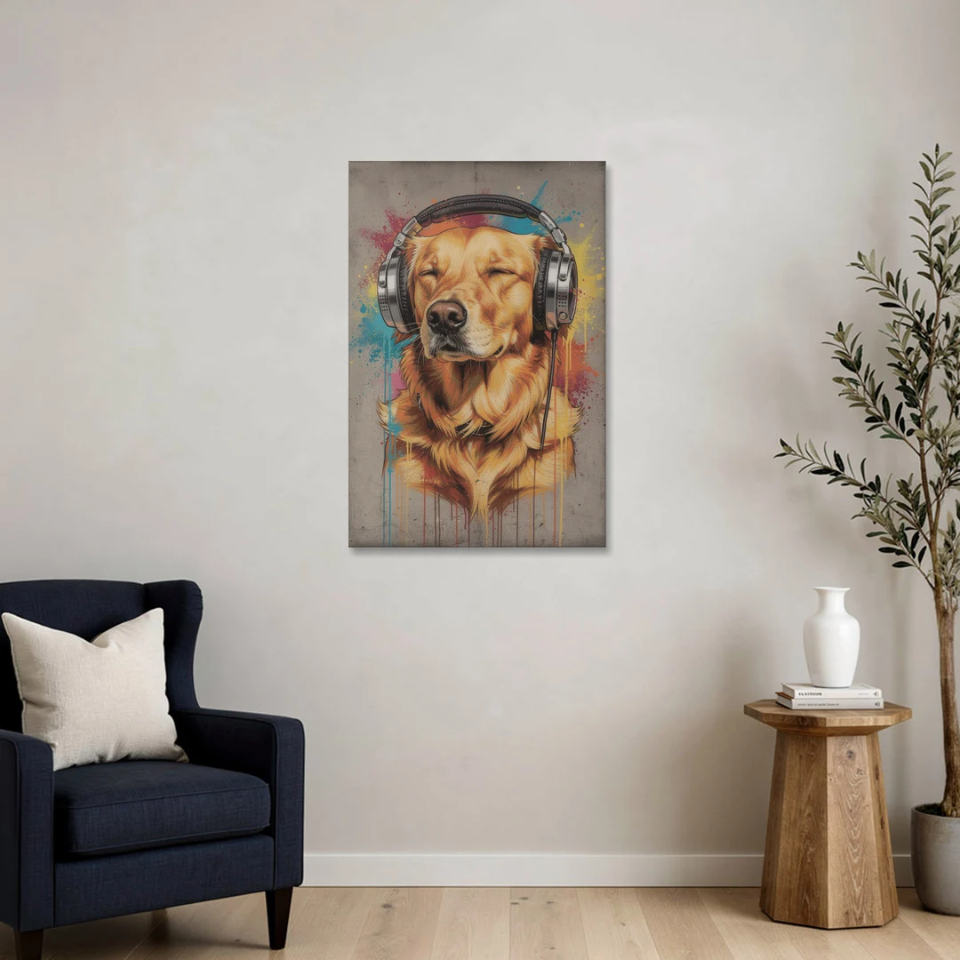 Graffiti Golden Retriever with Headphones - Canvas Wall Art - Sofa - 24x36