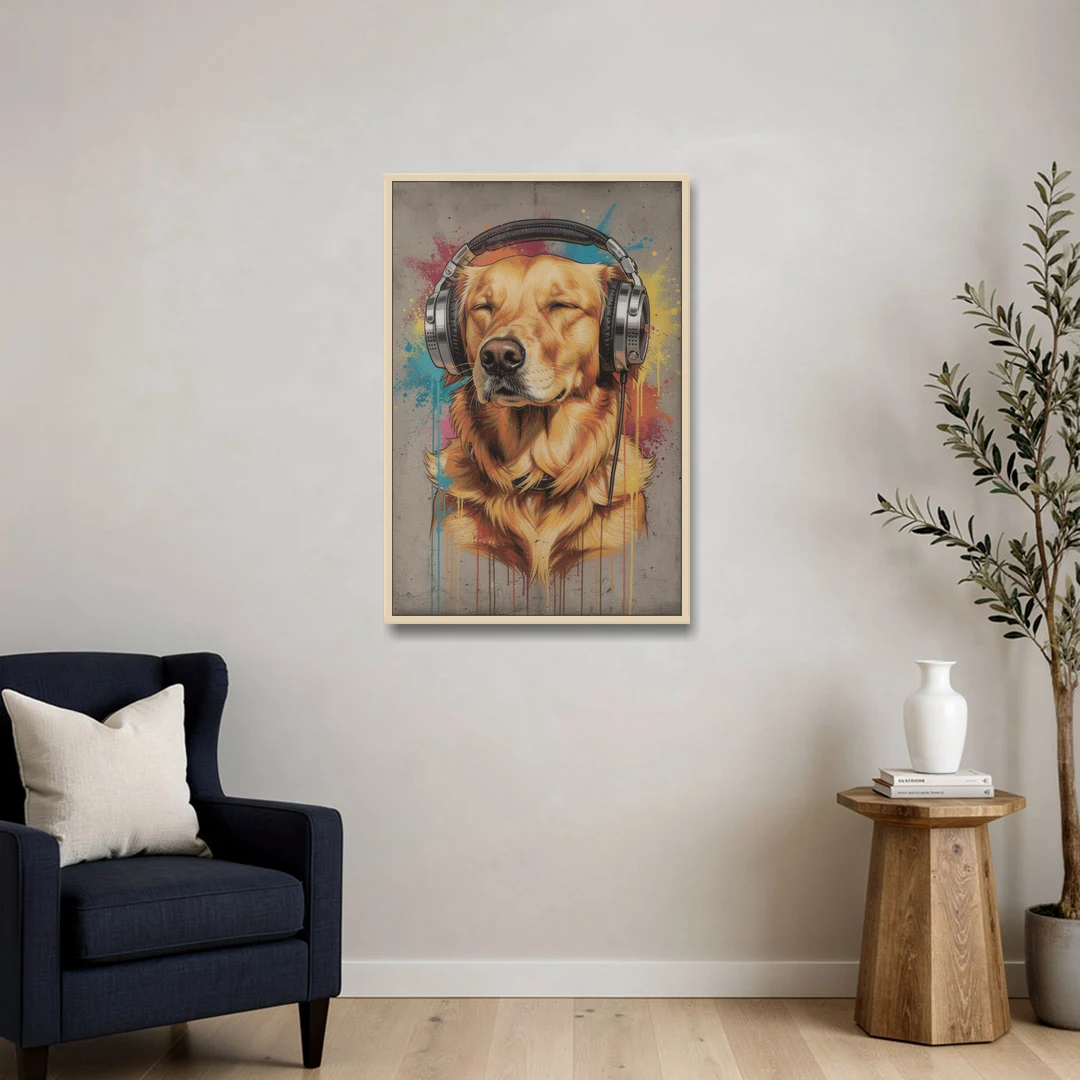 Graffiti Golden Retriever with Headphones - Oak Framed Canvas Wall Art - Sofa - 24x36